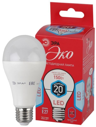 Лампа светодиодная ECO A65-20W-840-E27 (диод груша 20Вт нейтр E27) (10/100/1200) | Код. Б0031710 | ЭРА